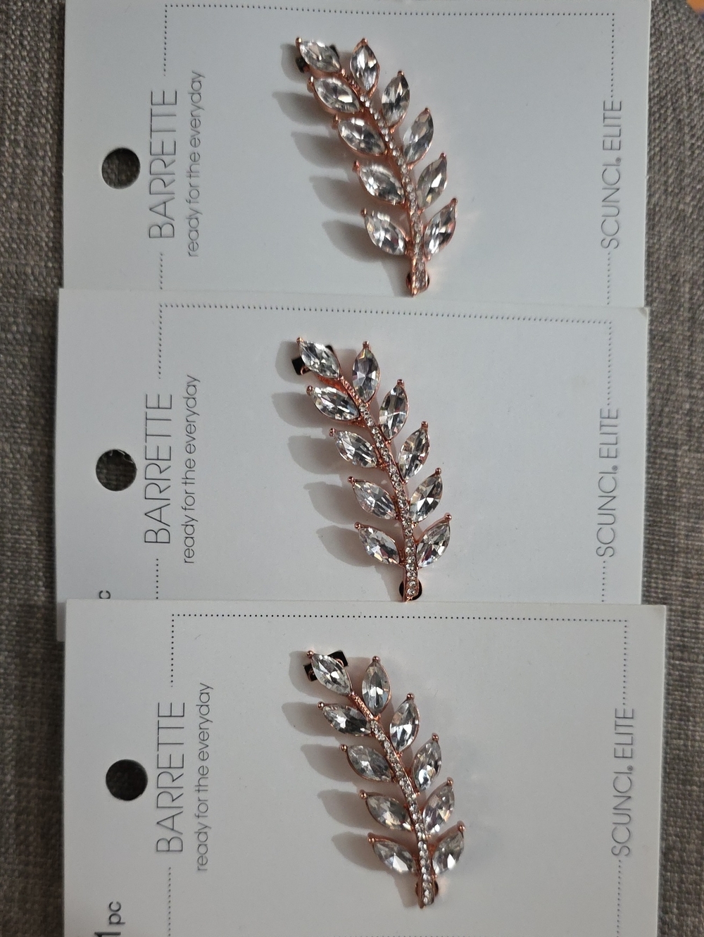 scunci Rose Gold Leaf Barrette with Clear Crystal Accents